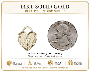 14kt Solid Gold Medium Our Lady of Guadalupe Heart Pendant | 3/4" x 5/8" | USA Made by Bliss