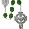 8x11mm oval green shamrock rosary 24 inches with silver oxidized center and crucifix carded in clear box