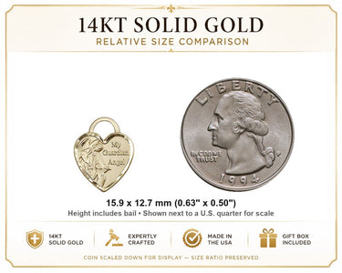 14kt Solid Gold Small Guardian Angel Heart Pendant | 5/8" x 1/2" | USA Made by Bliss
