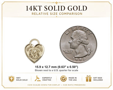 Medalla de comunión católica de oro macizo de 14 kt, pequeña, con forma de corazón | 1,59 cm x 1,27 cm | Hecha a mano en EE. UU. por Bliss