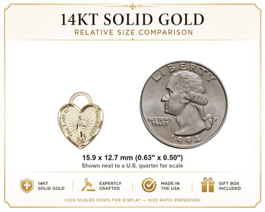 Colgante Corazón Medalla Pequeña de Nuestra Señora de Guadalupe de Oro Sólido de 14kt | 1.6 cm x 1.3 cm | Fabricado en EE. UU. por Bliss