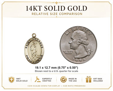 Medalla colgante de San Lázaro, patrón, de oro macizo de 14 kt, tamaño mediano | 1,9 cm x 1,27 cm | Hecho a mano en EE. UU. por Bliss