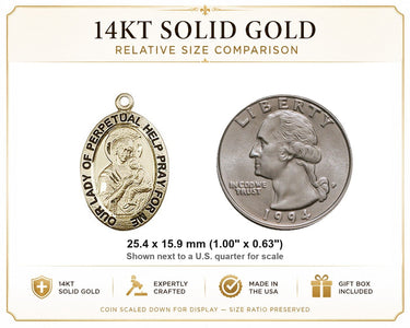 14kt Solid Gold Medium Our Lady of Perpetual Help Medal Pendant | 1" x 5/8" | USA Made by Bliss