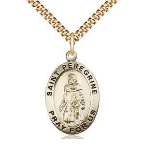 Collar con Medalla Mediana de San Peregrino, de oro de 14 quilates, relleno | Colgante de 2.5 x 1.6 cm | Santo Patrón del Cáncer | Cadena de 61 cm | Hecho en EE. UU. por Bliss