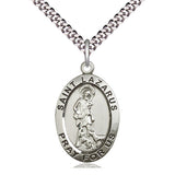 Sterling Silver St. Lazarus Patron Saint Medal Necklace with 24 inch Curb Chain by Bliss Manufacturing