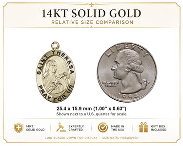 Colgante Medalla de Santa Teresa Mediana de Oro Sólido de 14 kt | 1x5/8 | Hecho a mano en EE. UU. por Bliss