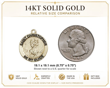 Colgante de medalla de San Cristóbal mediana de oro macizo de 14 quilates | 1,9 cm x 1,9 cm | Hecho a mano en EE. UU. por Bliss
