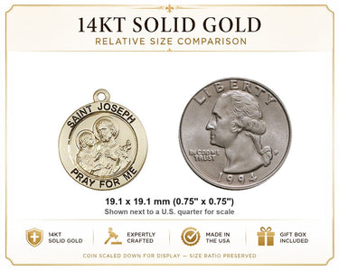 14kt Solid Gold Medium St. Joseph Patron Saint Medal Pendant | 3/4" x 3/4" | Handcrafted in USA by Bliss