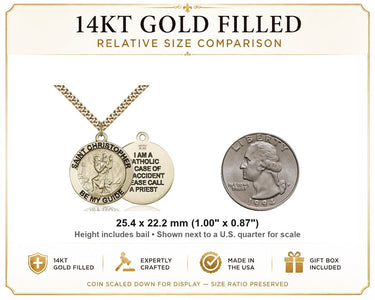 Collar de medalla grande de San Cristóbal de oro laminado de 14 quilates | 2.54 cm x 2.22 cm | Cadena de 60.96 cm | Hecho en EE. UU. por Bliss