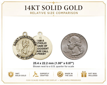 Medalla mediana de San Cristóbal de oro macizo de 14 quilates | 2,54 cm x 2,22 cm | Hecha a mano en EE. UU. por Bliss