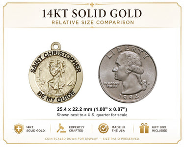 Colgante de Medalla Mediana de San Cristóbal de Oro Sólido de 14 kt | 1" x 7/8" | Hecho a mano en EE. UU. por Bliss