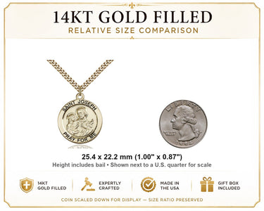 14kt Gold Filled Medium St. Joseph Patron Saint Medal Necklace | 1" x 7/8" | 24" Chain | USA Made by Bliss