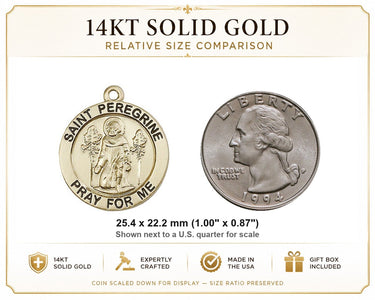 14kt Solid Gold Medium St. Peregrine Patron Saint Medal Pendant | 1" x 7/8" | Handcrafted in USA by Bliss