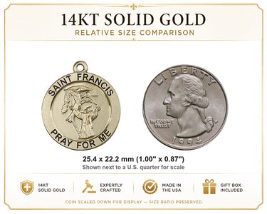 Colgante Medalla San Francisco Mediana de Oro Sólido de 14 kt | 2,54 x 2,22 cm | Hecho a mano en EE. UU. por Bliss