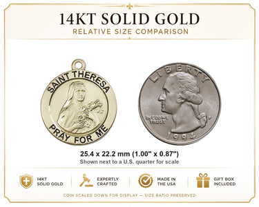 Colgante de Medalla de Santa Teresa Mediana de Oro Macizo de 14kt | 1" x 7/8" | Hecho a Mano en EE. UU. por Bliss