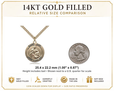 Collar de medalla de Santa Ana (patrona) de oro de 14 quilates, tamaño mediano | 2.54 cm x 2.22 cm | Cadena de 60.96 cm | Hecho en EE. UU. por Bliss