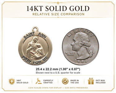 14kt Solid Gold Medium St. Ann Medal Pendant | 1" x 7/8" | Handcrafted in USA by Bliss