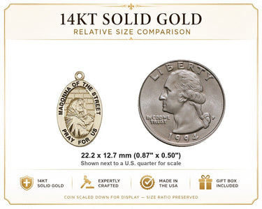 Colgante de Medalla de la Virgen de la Calle de Oro Macizo de 14kt Mediano | 7/8" x 1/2" | Fabricado en EE. UU. por Bliss