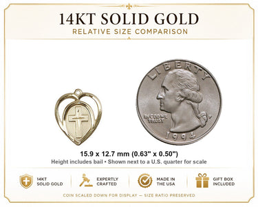 14kt Solid Gold Small Catholic Heart Cross Pendant | 5/8" x 1/2" | Handcrafted in USA by Bliss