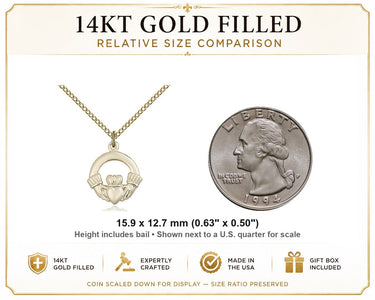 14kt Gold Filled Small Catholic Claddagh Necklace | 5/8" x 1/2" Pendant | 18" Chain | USA Made by Bliss