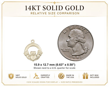 14kt Solid Gold Small Catholic Claddagh Medal Pendant | 5/8" x 1/2" | Handcrafted in USA by Bliss