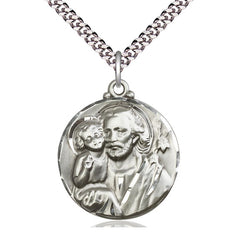 Sterling silver St. Joseph patron saint medal necklace 1-1/8 x 7/8 inches with 24 inch chain by Bliss Manufacturing