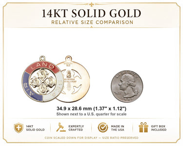 Colgante grande de oro macizo de 14 quilates con la Medalla Católica Tierra, Mar y Aire | 3,5 cm x 2,8 cm | Hecho a mano en EE. UU. por Bliss