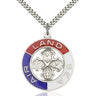 Large Sterling Silver Land Sea Air protection medal necklace with 1 3/8 by 1 1/8 inch pendant on 24 inch chain by Bliss Manufacturing