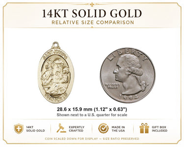 Colgante medalla de oro macizo de 14 kt, San José, santo patrón, tamaño mediano | 2,85 cm x 1,58 cm | Hecho a mano en EE. UU. por Bliss