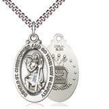Sterling silver St. Christopher Air Force medal necklace, medium 1.125 x 0.625 inches with 24 inch curb chain, Bliss USA