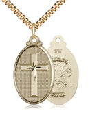 14kt Gold Filled Large Catholic Cross Necklace with National Guard Emblem 1 1/4 inch on 24 inch Chain by Bliss