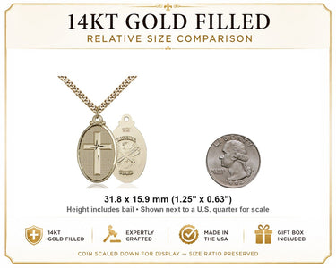Collar con cruz católica grande y emblema de la Guardia Nacional, en oro de 14 kt
