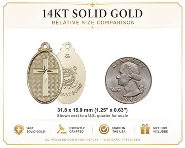 Colgante de cruz grande de oro macizo de 14 quilates, con medalla de la Guardia Costera | 3,18 cm x 1,59 cm | Hecho en EE. UU. por Bliss