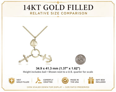 Gold Filled Large Catholic Faith Hope Charity Necklace | 1 3/8 x 1 5/8 Pendant | 18" Curb Chain | USA Made by Bliss