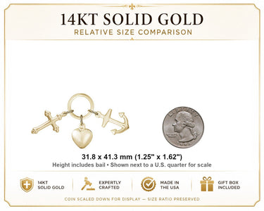 Colgante de oro macizo de 14 quilates grande con fe, esperanza y caridad católicas | 1 1/4 x 1 5/8 | Fabricado en EE. UU. por Bliss
