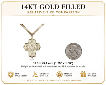 Collar de medalla católica de 5 vías grande chapado en oro de 14 quilates | Colgante de 3,17 x 2,54 cm | Cadena de 60,96 cm | Fabricado en EE. UU. por Bliss