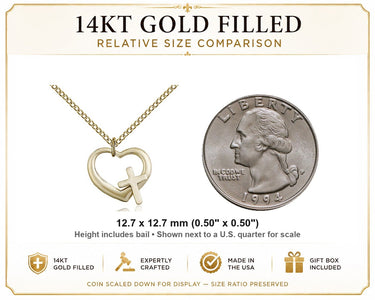 14kt Gold Filled Small Catholic Heart Cross Necklace | 1/2" Pendant | 18" Chain | USA Made by Bliss