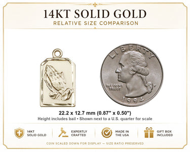 Colgante de oro macizo de 14 quilates de manos rezando católicas medianas | 2.22 cm x 1.27 cm | Hecho en EE. UU. por Bliss