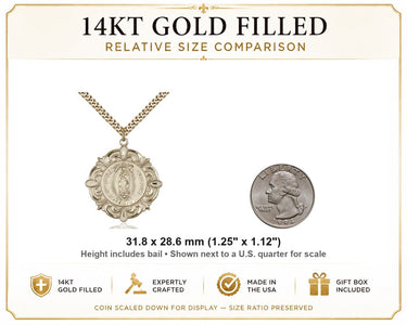 14kt Gold Filled Large Our Lady of Guadalupe Medal Necklace | 1 1/4" x 1 1/8" Pendant | 24" Chain | USA Made by Bliss