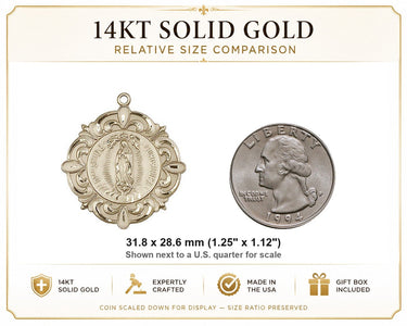 14kt Solid Gold Large Our Lady of Guadalupe Medal Pendant | 1 1/4" x 1 1/8" | USA Made by Bliss