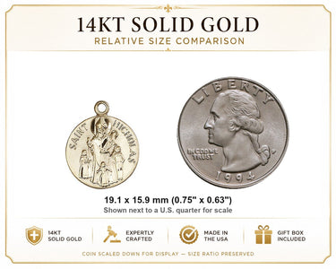 Colgante de Medalla de Oro Macizo de 14kt de San Nicolás Patrón | 3/4" x 5/8" | Fabricado en EE. UU. por Bliss