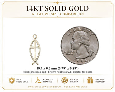 14kt Solid Gold Medium Catholic Fish Cross Pendant | 3/4" x 1/4" | USA Made by Bliss