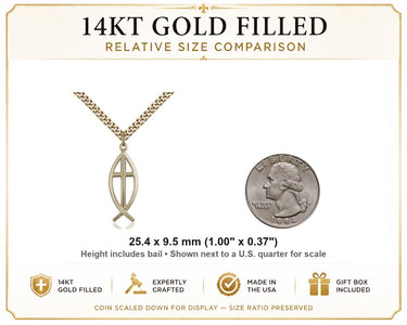 14kt Gold Filled Medium Catholic Fish Cross Necklace | 1" x 3/8" | 24" Chain | USA Made by Bliss