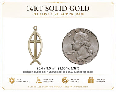 14kt Solid Gold Medium Catholic Fish Cross Pendant | 1" x 3/8" | USA Made by Bliss