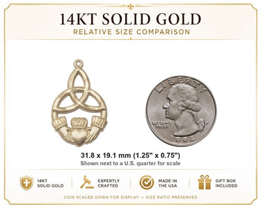 Colgante Medalla Claddagh Nudo Irlandés Grande de Oro Sólido de 14kt | 3,17 cm x 1,90 cm | Hecho en EE. UU. por Bliss