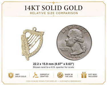 Medalla de arpa irlandesa mediana de oro macizo de 14 quilates de 2,22 x 1,59 cm | Solo colgante | Hecho a mano por Bliss USA