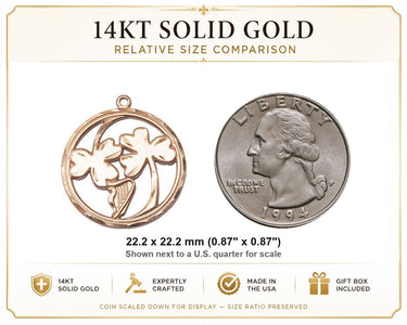 Colgante de medalla con arpa trébol irlandés mediano de oro macizo de 14 kt | 7/8 x 7/8 | Hecho a mano en EE. UU. por Bliss
