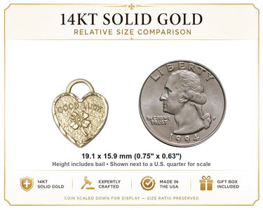 Colgante de corazón de trébol de la buena suerte mediano de oro macizo de 14 quilates | 3/4" x 5/8" | Hecho en EE. UU. por Bliss