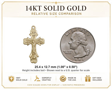 Colgante Crucifijo Católico Mediano de Oro Macizo de 14kt | 1"x1/2" | Hecho a mano en EE. UU. por Bliss