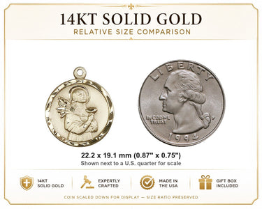 Colgante de Medalla de Santa Lucía, Patrona, Mediana de Oro Sólido de 14kt | 7/8" x 3/4" | Hecho a mano en EE. UU. por Bliss